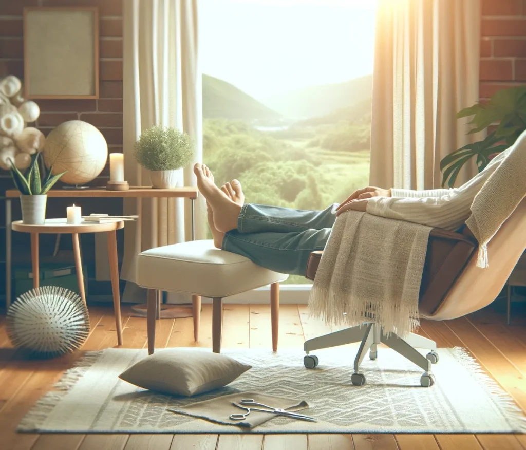 A woman relaxing in her drawing room in front of the window