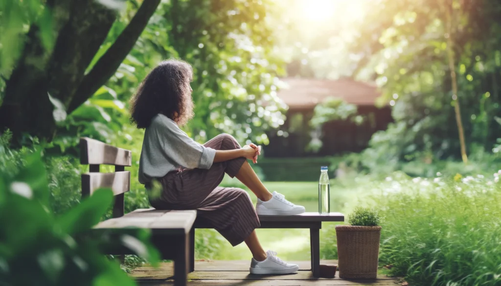 A female sitting on a park bench putting one leg folded above the bench, with the bottle of water in front of her