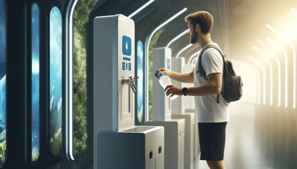 A person filling a water bottle to keep himself hydrated