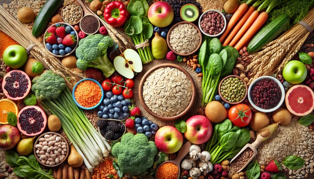Image showing the foods rich in Fiber, whole grains, fruits, vegetables and legumes - The Impact of Diet on Vein Health